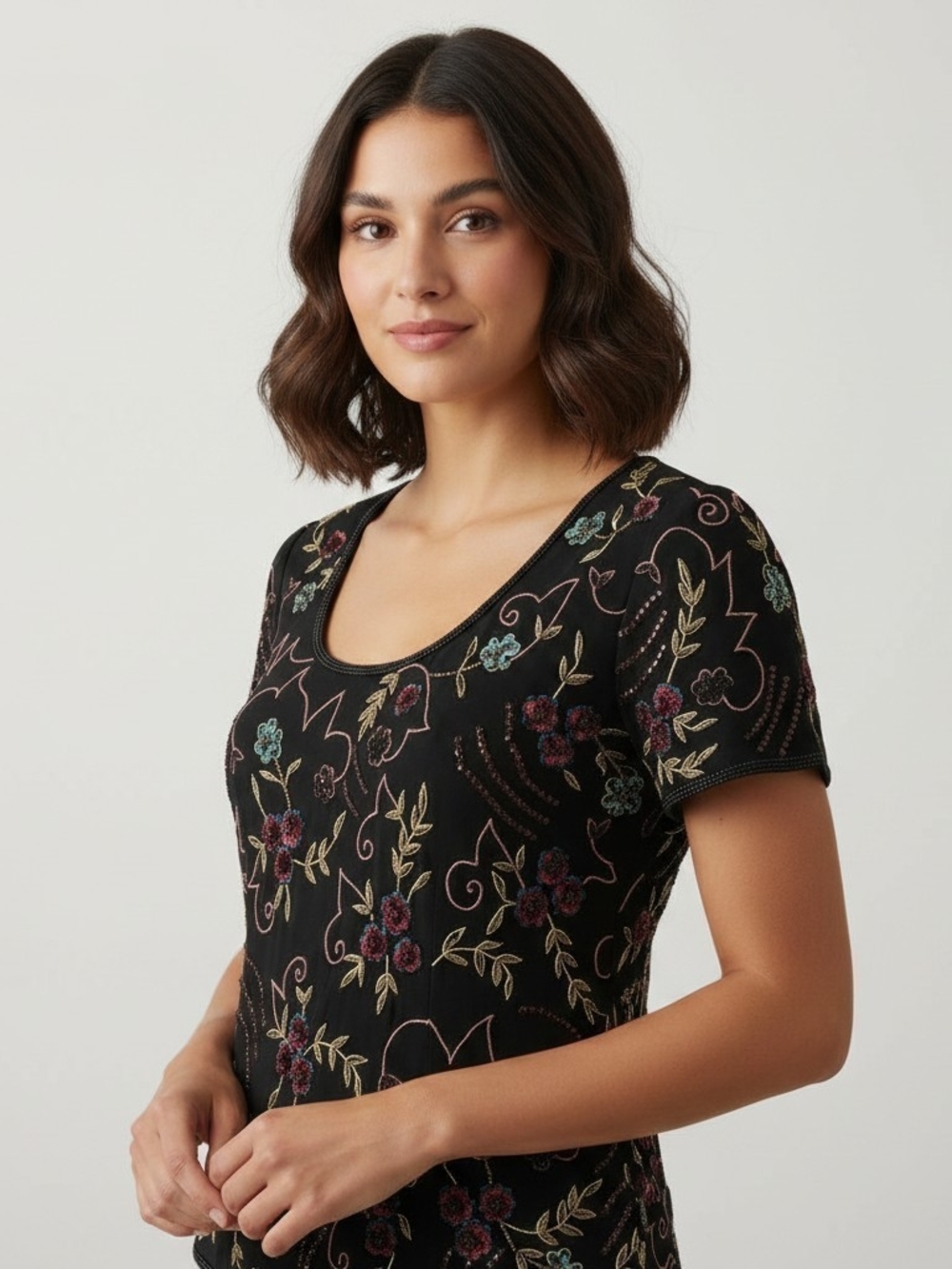 Vintage Adrianna Papell Beaded Silk Floral Whimsigoth Party Top Size XLarge